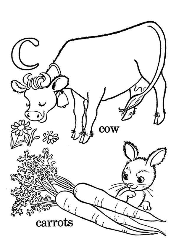Dibujo de Conejo con Zanahorias y Vaca para Colorear