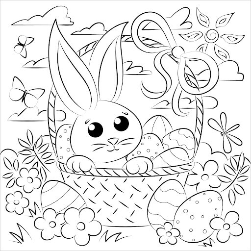 Dibujo de Canasta de Pascua y Conejito para Colorear