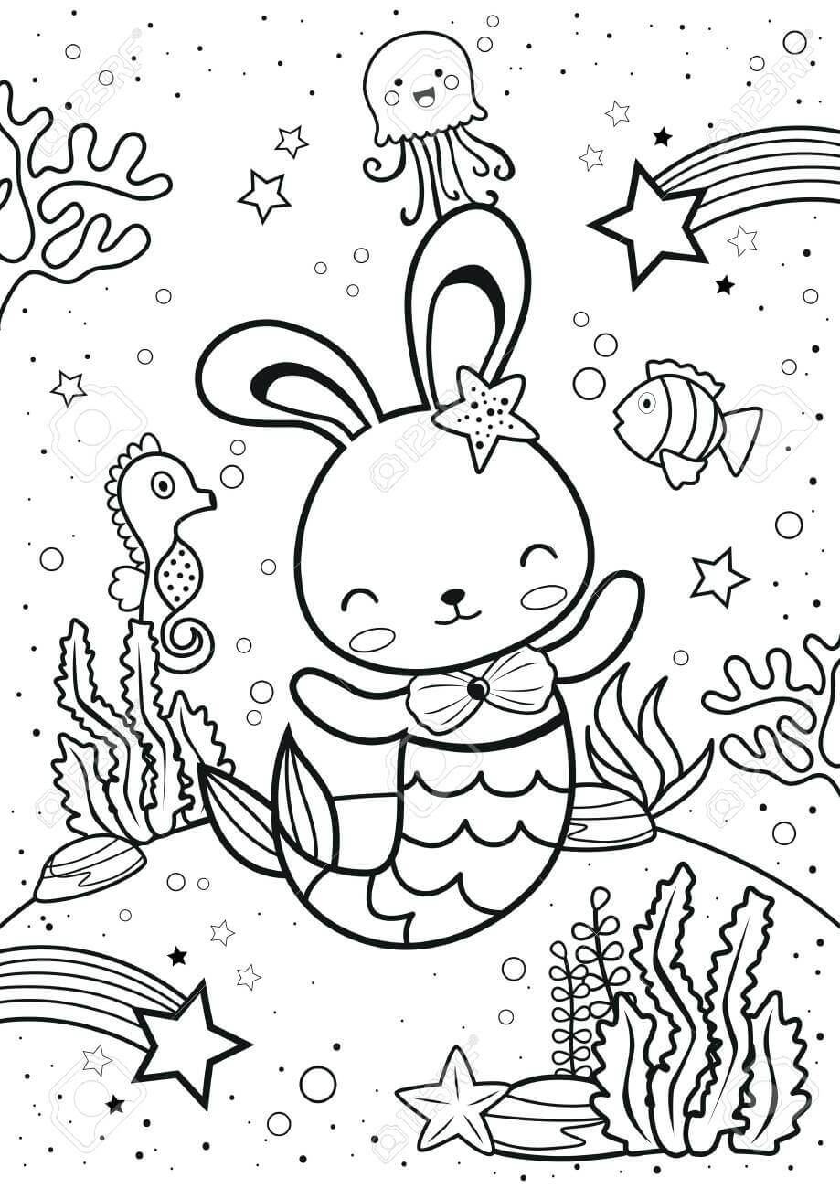 Dibujo de Conejito Sirena y Animal Marino para Colorear