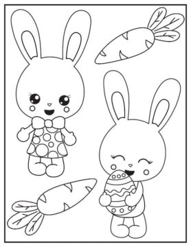 Dibujo de Dos Conejos con Zanahoria y Huevo de Pascua para Colorear