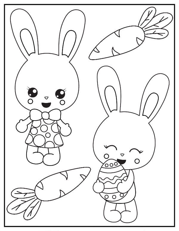 Dibujo de Dos Conejos con Zanahoria y Huevo de Pascua para Colorear