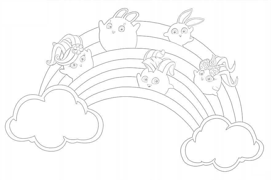 Dibujo de Arcoíris Conejitos Soleados para Colorear