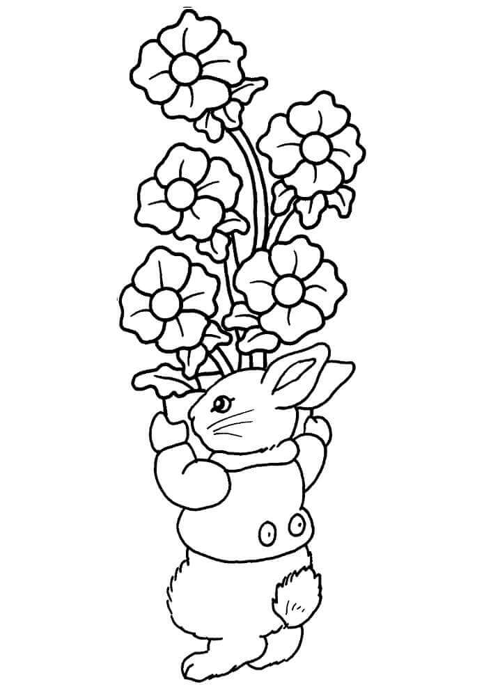 Dibujo de Conejito de Pascua con Flores para Colorear