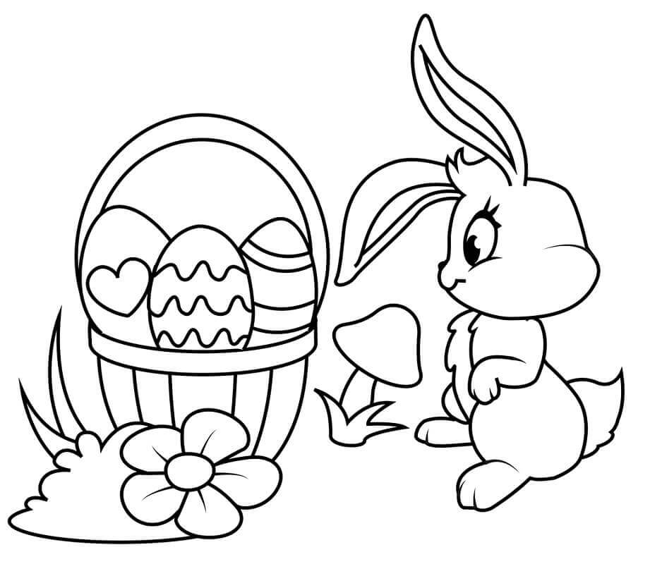 Dibujo de Conejo de Pascua con Cesta de Huevos para Colorear