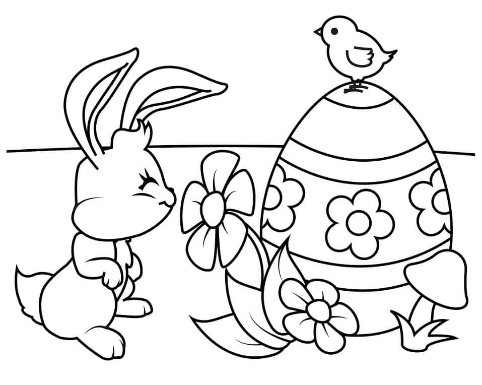 Dibujo de Conejo de Pascua con Flores para Colorear