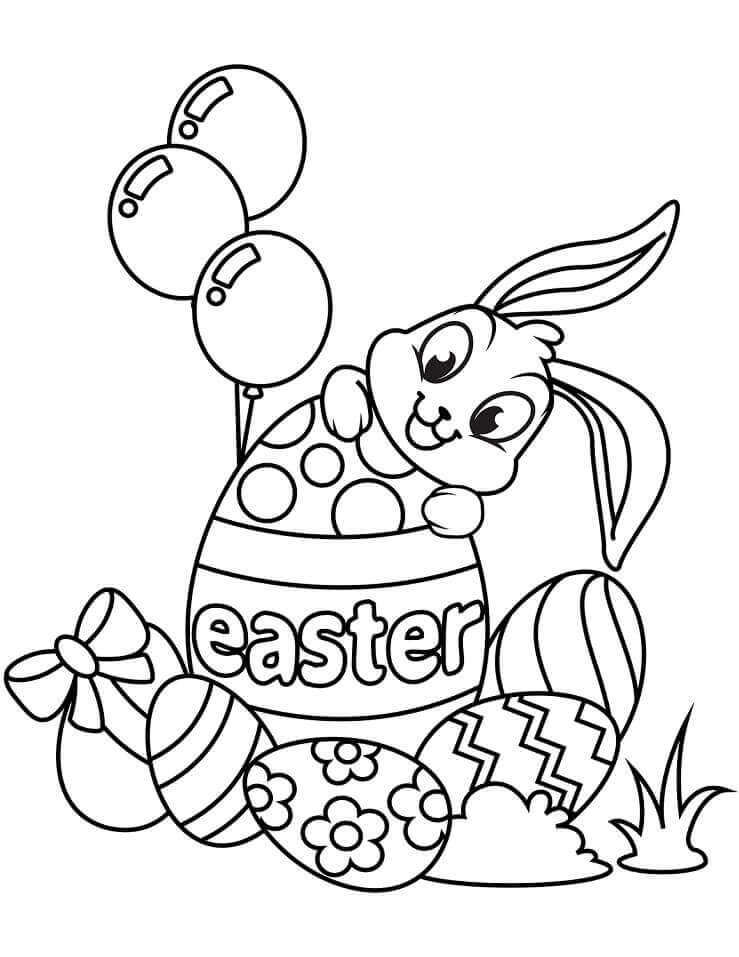 Dibujo de Conejo de Pascua con Globos para Colorear