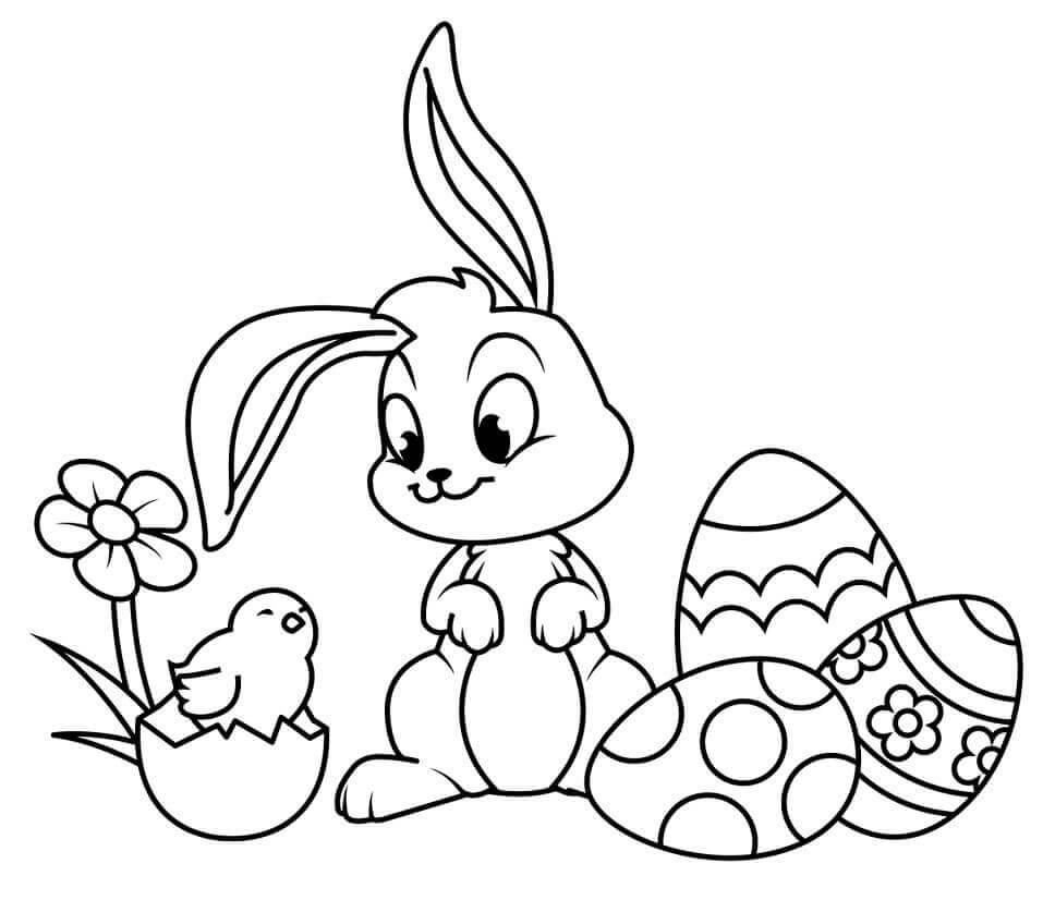 Dibujo de Conejo de Pascua y Pollita para Colorear