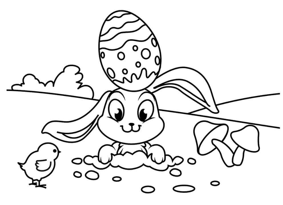 Dibujo de Conejo de Pascua y Pollito para Colorear