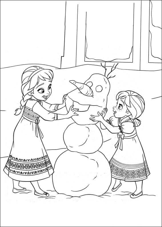 Dibujo de Elsa y Anna Edificio Olaf para Colorear