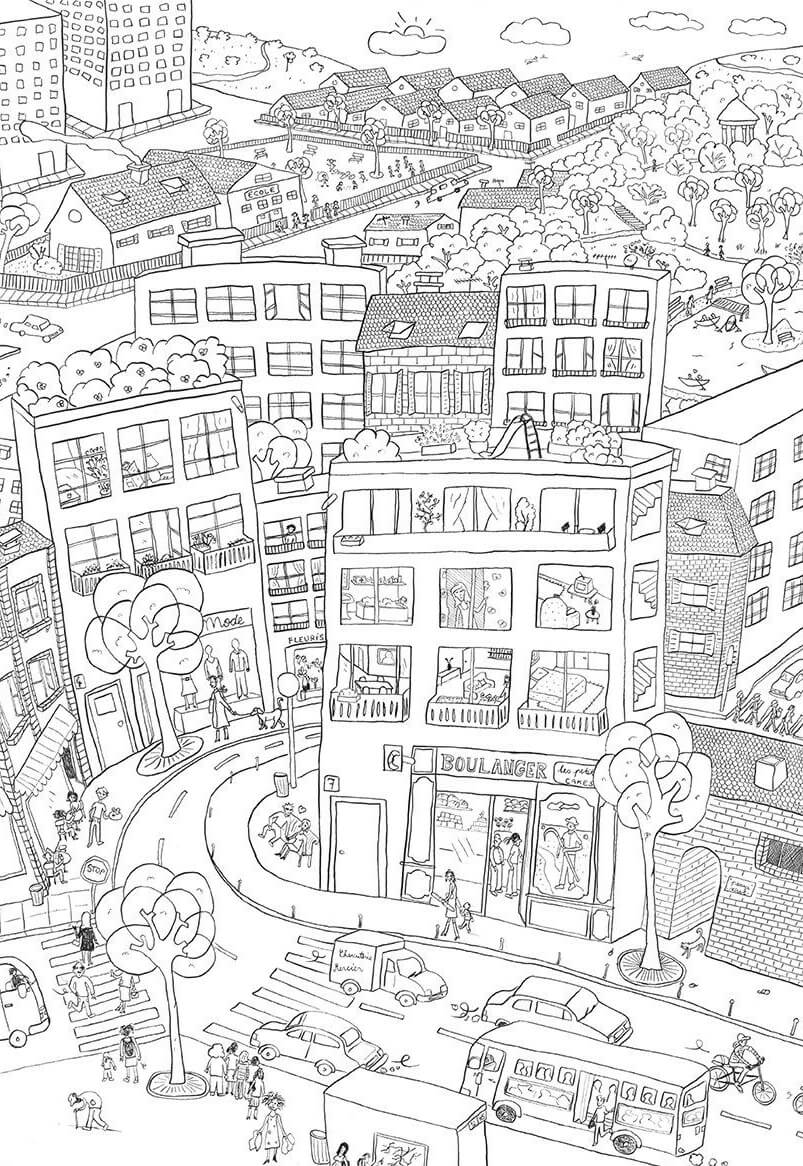 Dibujo de Edificio de la Ciudad de Dibujos Animados para Colorear
