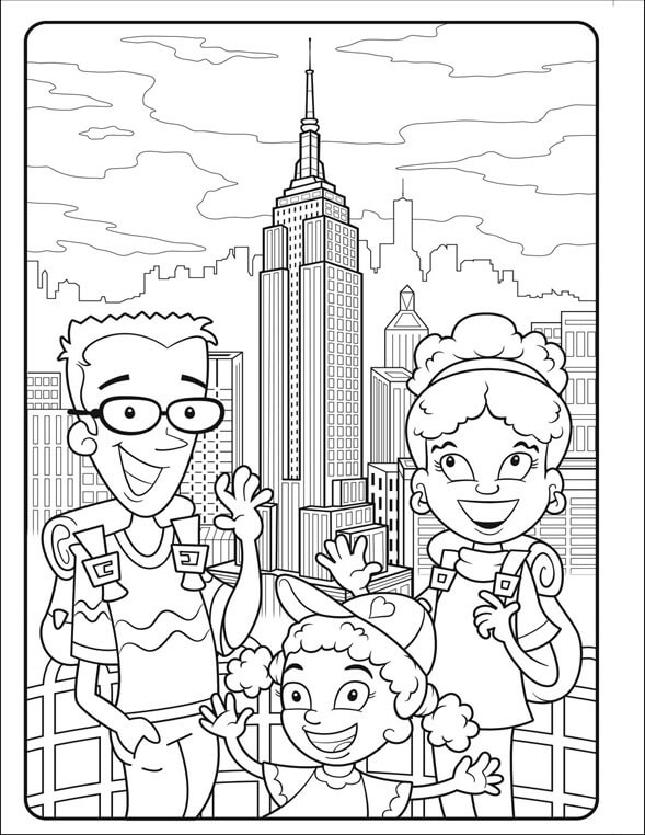 Dibujo de Familia en Edificio de la Ciudad para Colorear