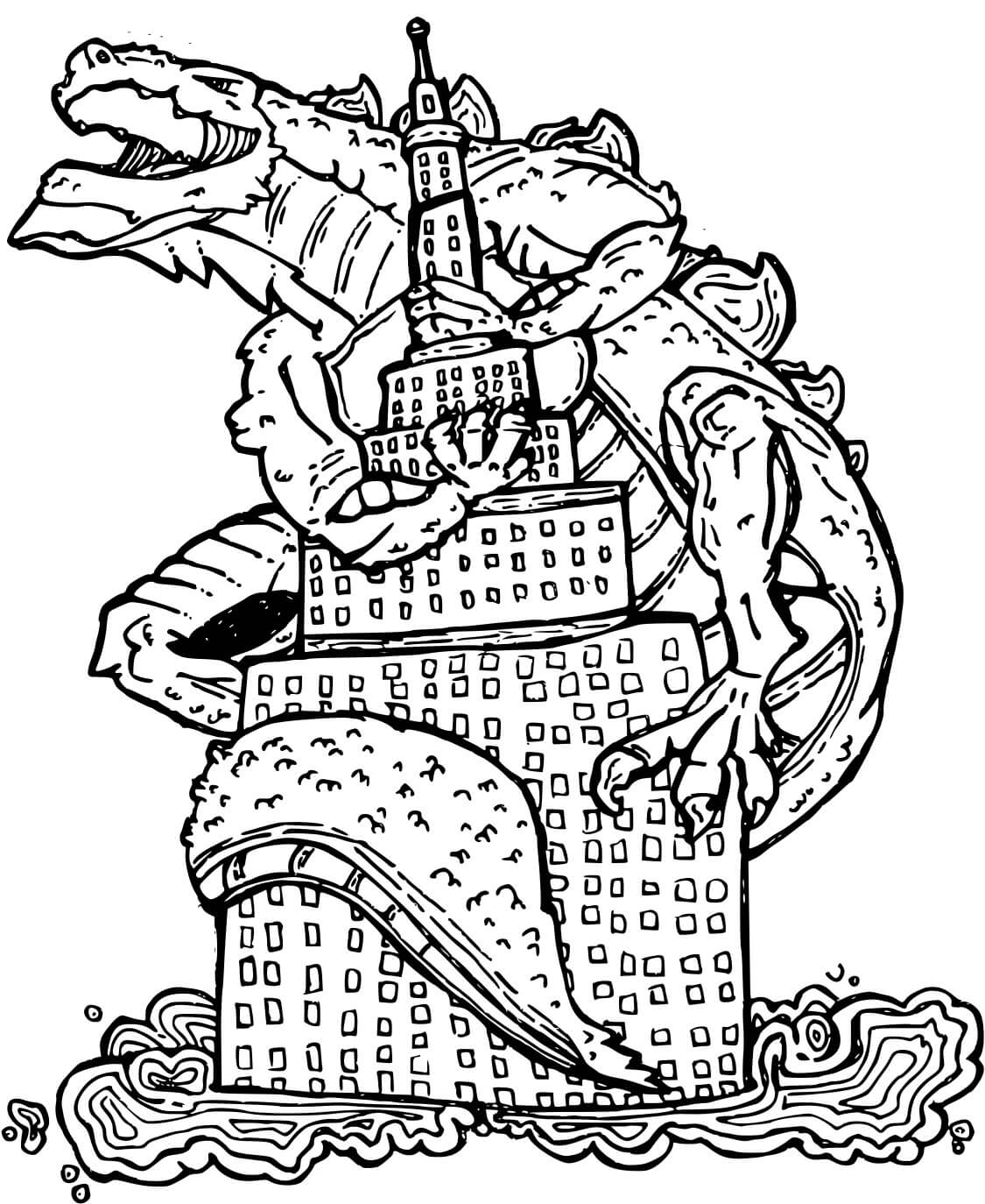 Dibujo de Godzilla Subi a un Edificio para Colorear