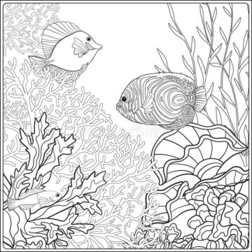 Dibujo de Hermoso Coral y Dos Peces para Colorear