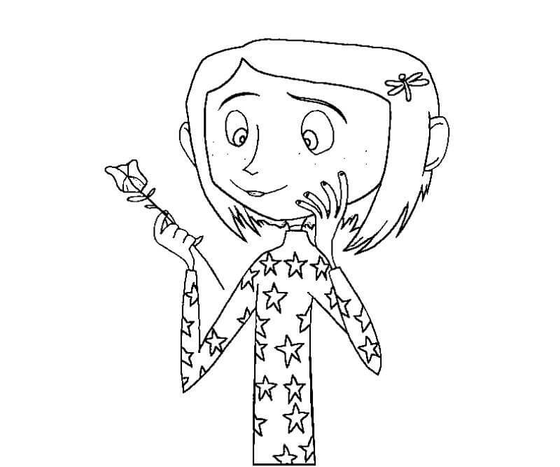 Dibujo de Coraline con una Rosa para Colorear