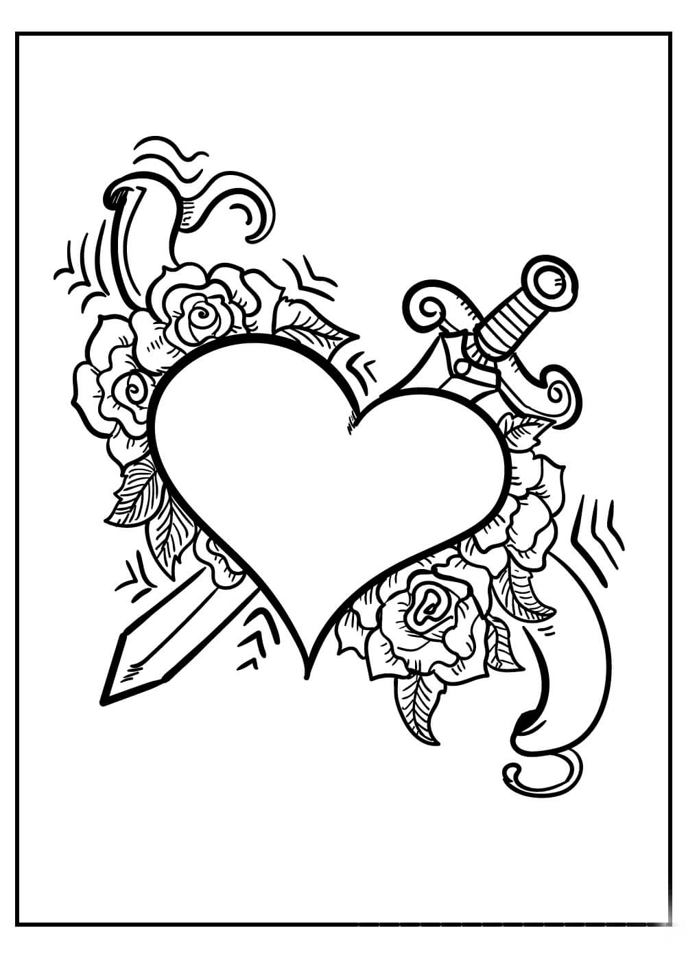 Dibujo de Corazn con Espada y Flor para Colorear