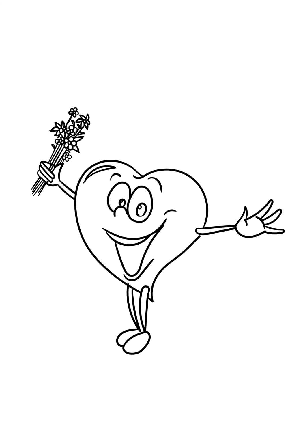 Dibujo de Feliz Caricatura Corazn Tenencia Rosa para Colorear