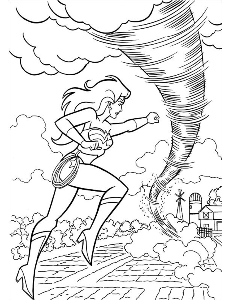 Dibujo de Mujer Maravilla con Tornado para Colorear