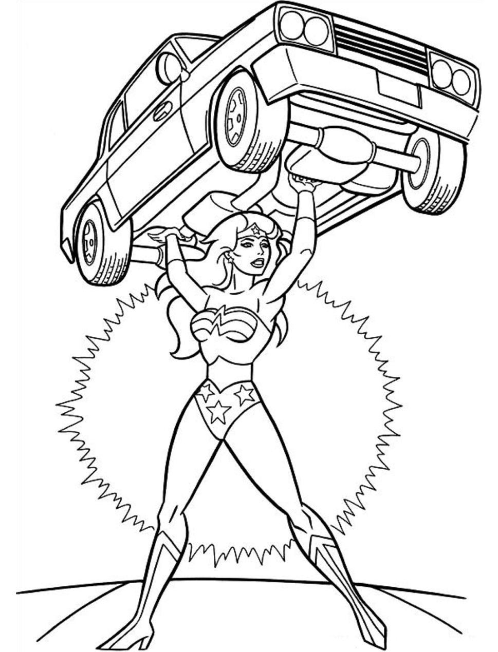 Dibujo de Mujer Maravilla Levantando un Coche para Colorear