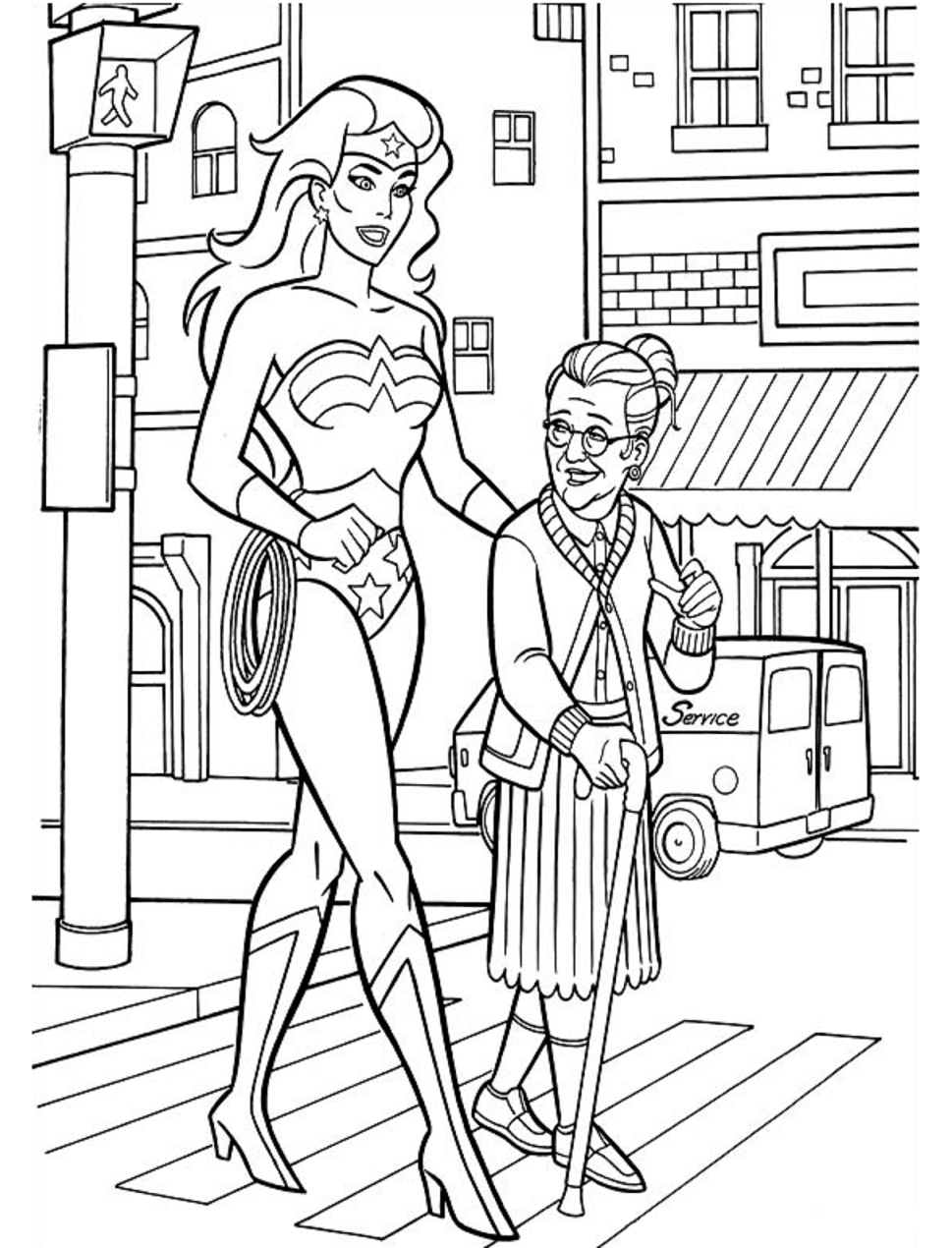 Dibujo de Mujer Maravilla y Ancianos para Colorear
