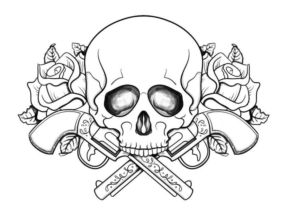 Dibujo de Calavera con Dos Pistolas para Colorear