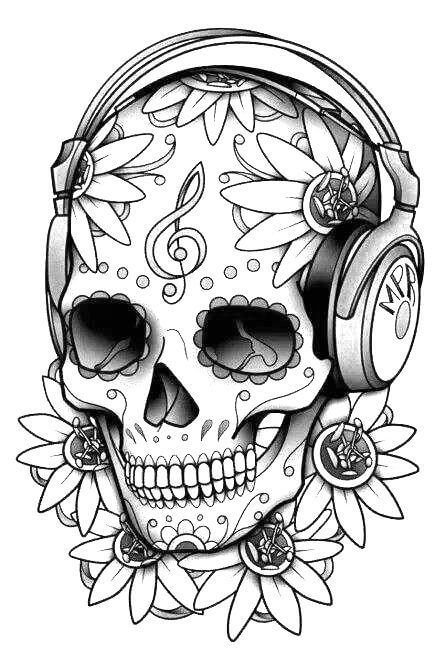 Dibujo de Calaveras Escuchando Msica y Girasol para Colorear