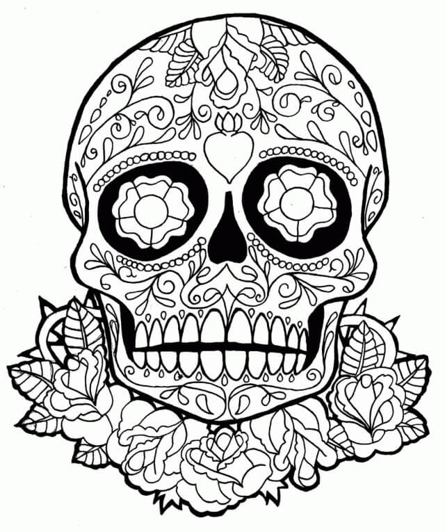 Dibujo de Crneo y Hoja y Flor para Colorear