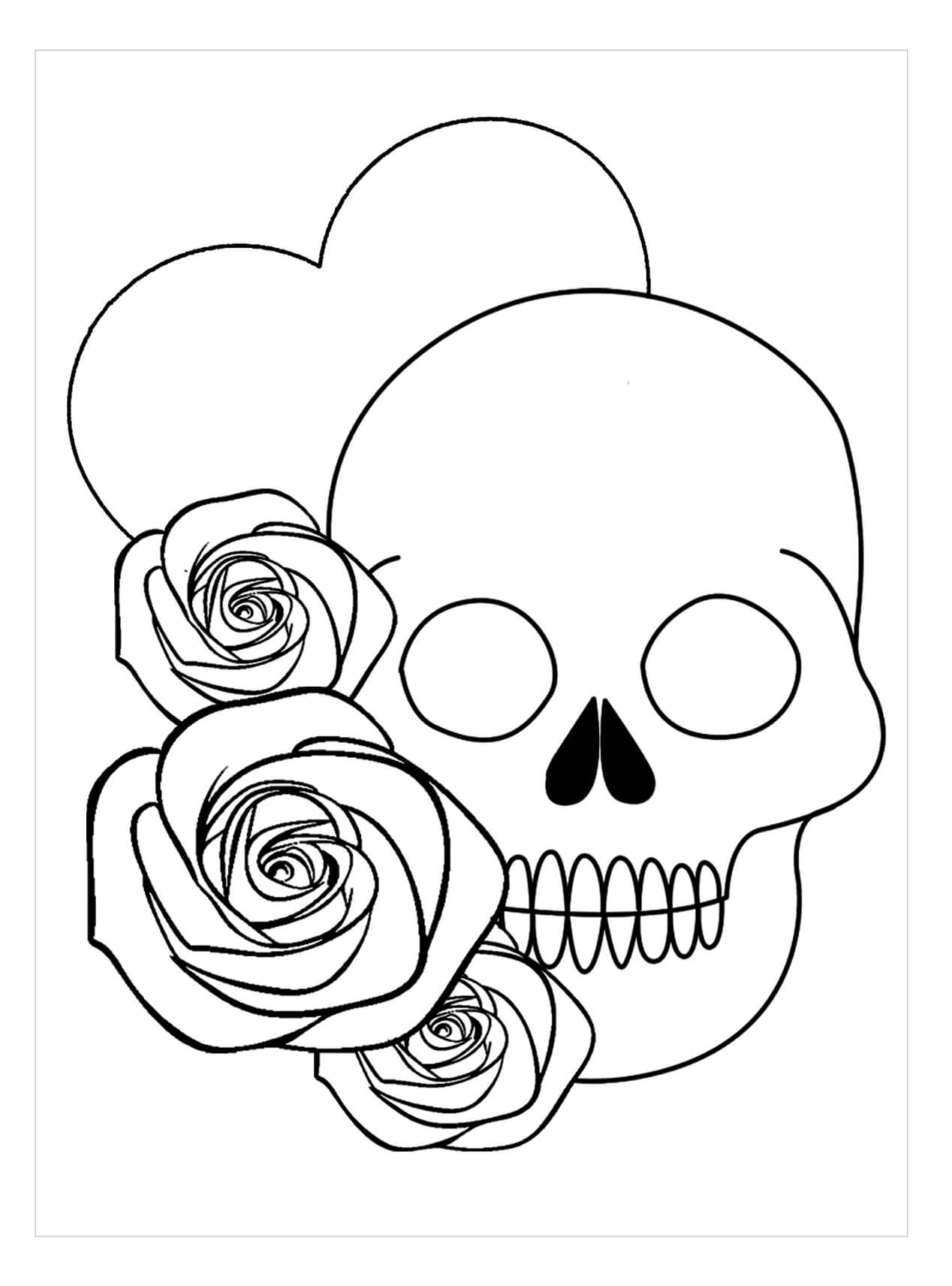 Dibujo de Calavera y Tres Rosas para Colorear