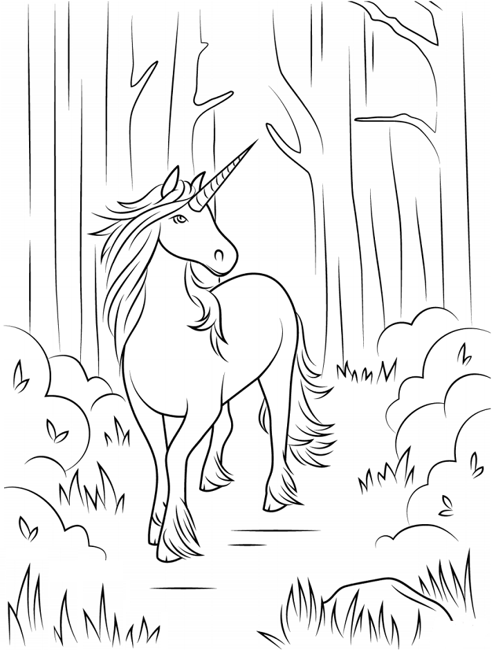 Dibujo de Unicornio en el Bosque para Colorear