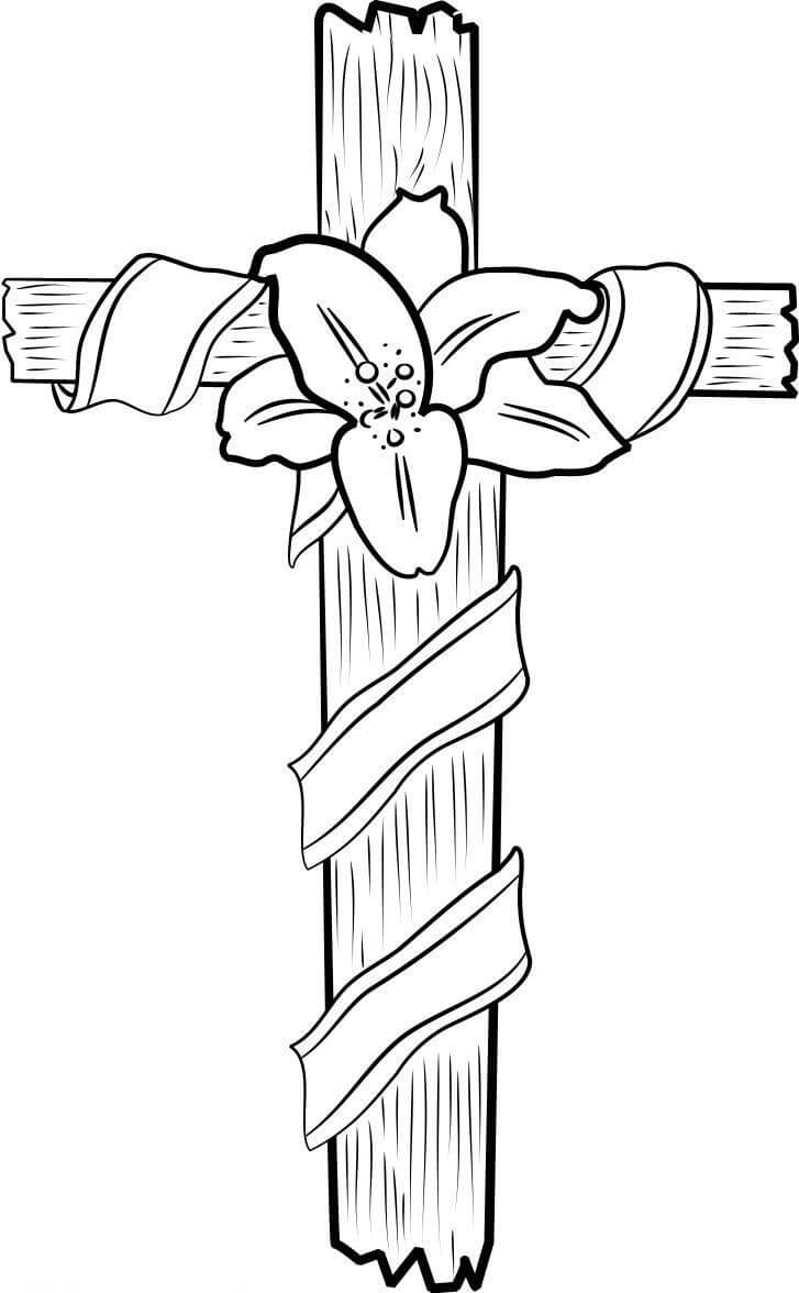 Dibujo de Cruz de Madera con Flor para Colorear