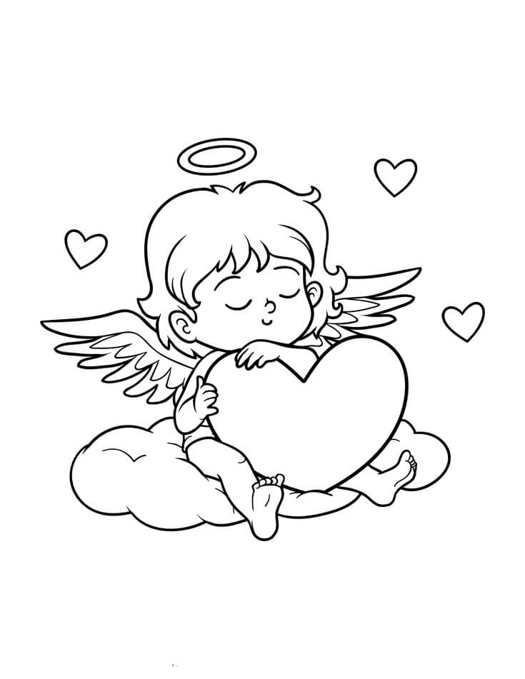 Dibujo de Sentado de Cupido y Corazn para Colorear