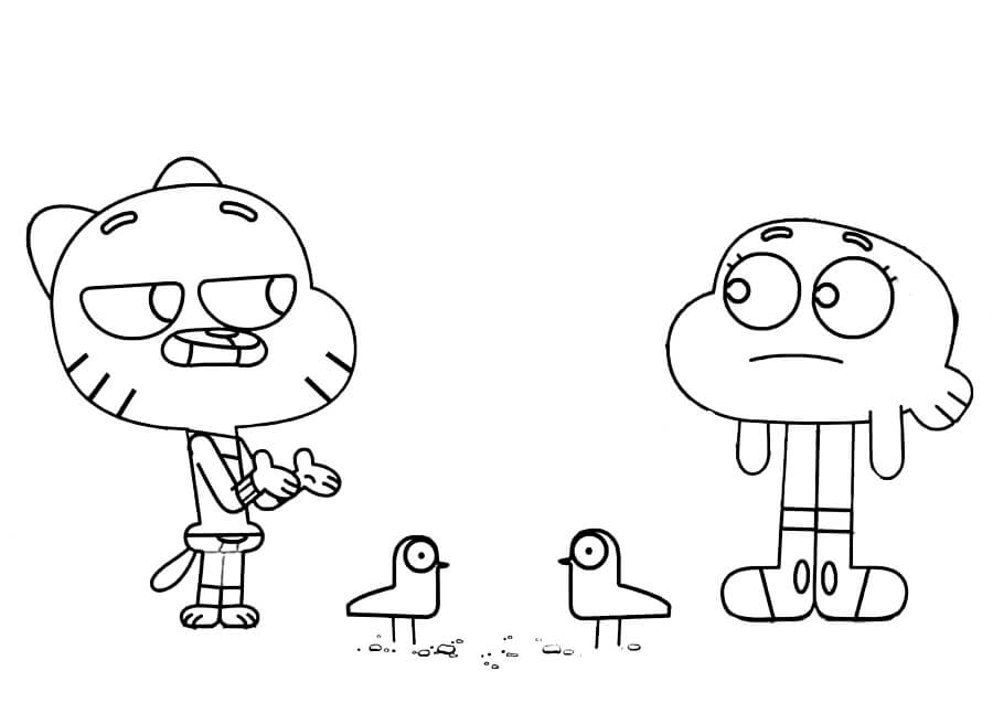 Dibujo de Darwin Gumball y Dos Pjaros para Colorear