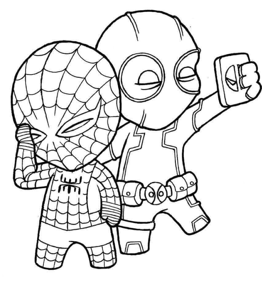 Dibujo de Chibi Deadpool y Chibi Spider Man Se Toman una Selfie para Colorear