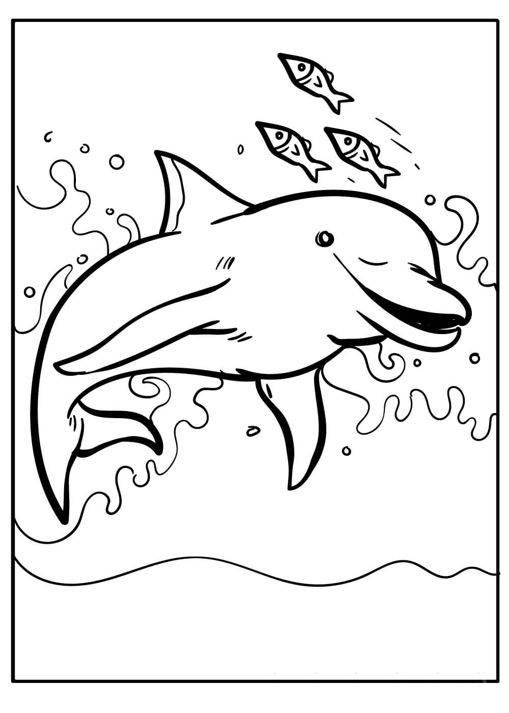 Dibujo de Delfín con Tres Peces para Colorear
