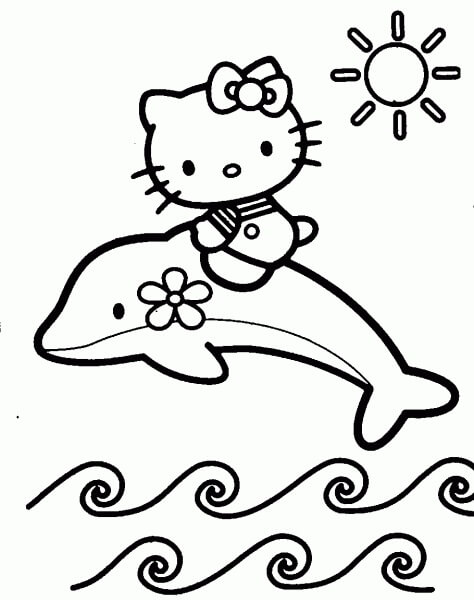 Dibujo de Delfín Montando Hello Kitty para Colorear