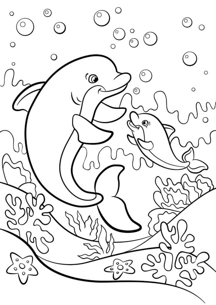 Dibujo de Linda Madre delfín y bebé delfín para Colorear