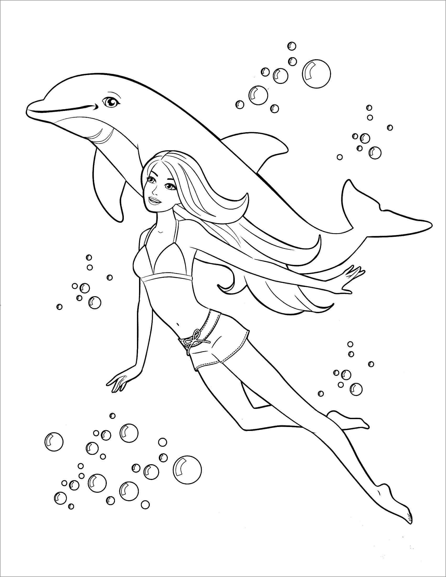 Dibujo de Natacion de Delfines y niñas para Colorear