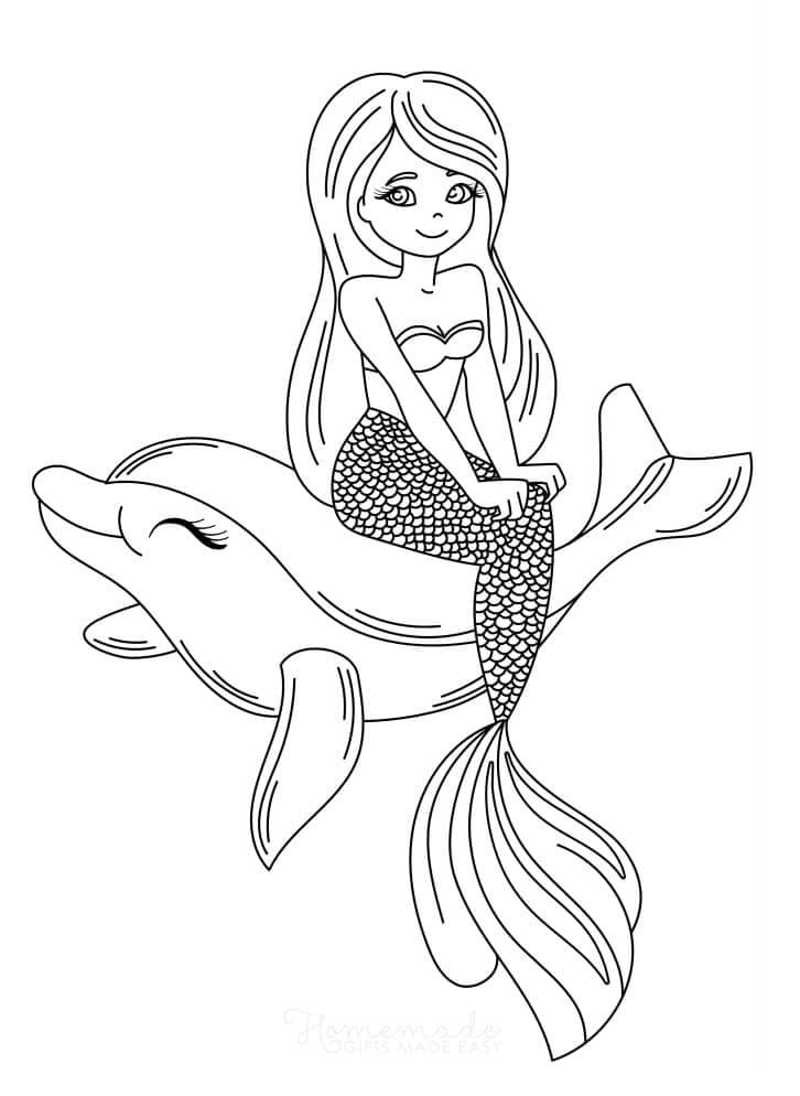 Dibujo de Sirena Sentada Sobre Delfines para Colorear