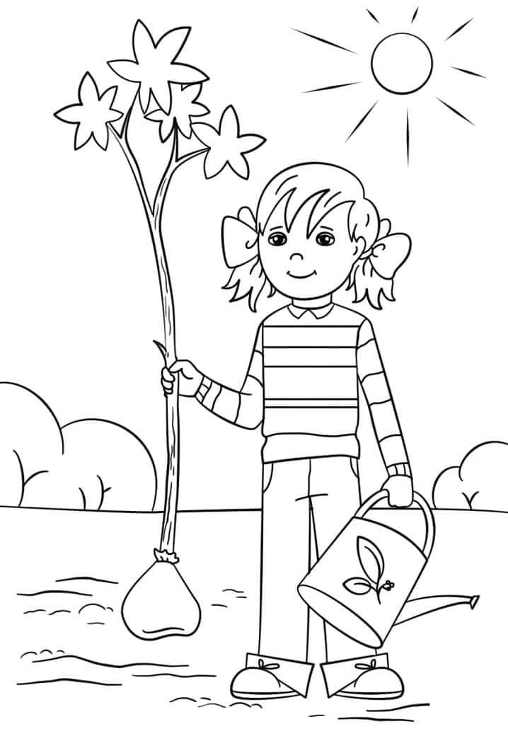 Dibujo de Gir Sosteniendo el Rbol y el Cubo para Colorear