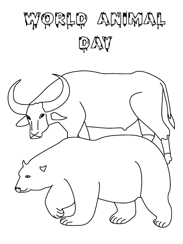 Dibujo de Buffalo y Oso día Mundial de los Animales página para Colorear