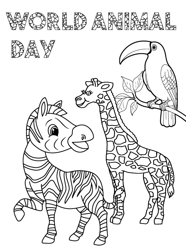 Dibujo de Cebra Jirafa y Tucan página para Colorear