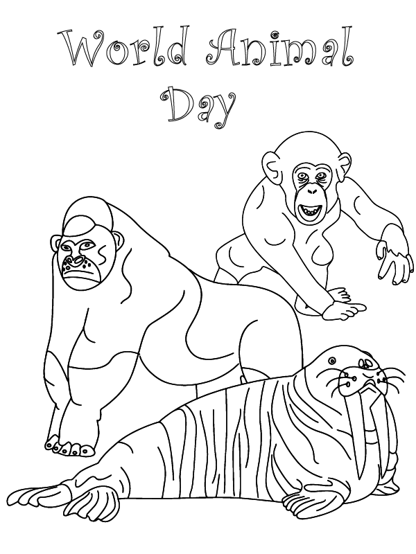 Dibujo de Gorila Mono y Morsa página para Colorear