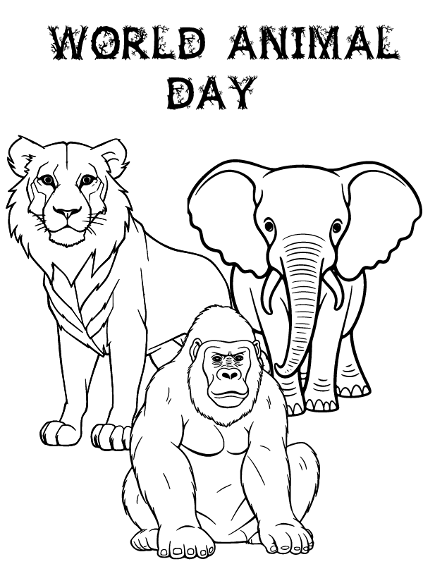 Dibujo de León Elefante y Mono página para Colorear