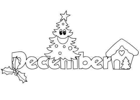 Dibujo de Diciembre con árbol de Navidad para Colorear