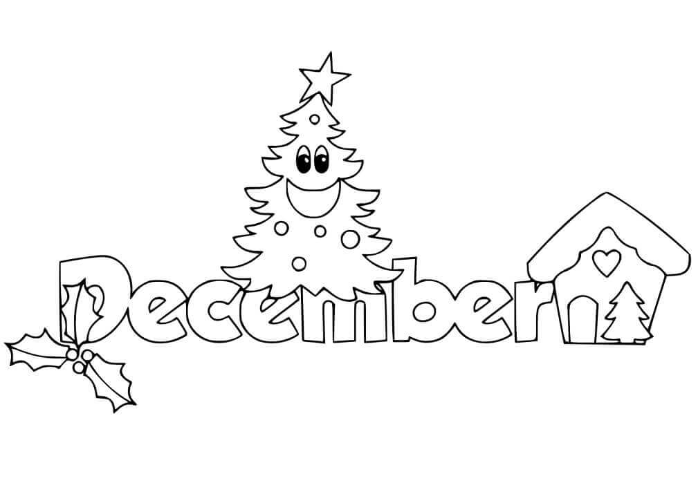 Dibujo de Diciembre con árbol de Navidad para Colorear