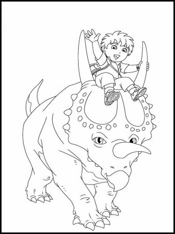 Dibujo de Diego Montando un Dinosaurio de Tres Cuernos para Colorear