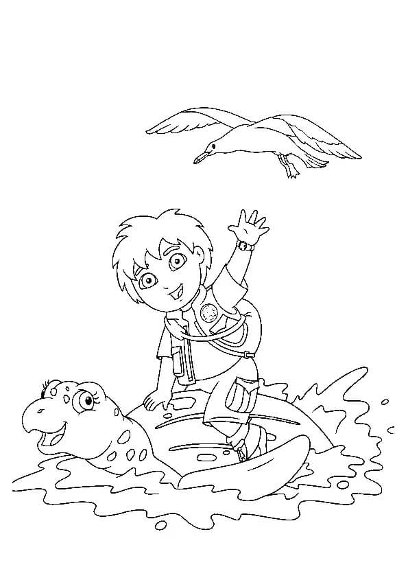 Dibujo de Diego Sobre Tortuga y Paloma para Colorear