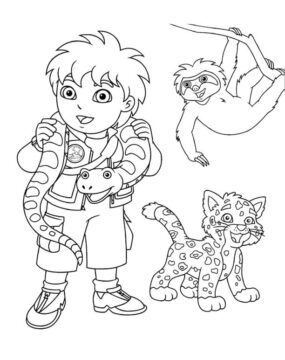 Dibujo de Diego y Tres Animales para Colorear
