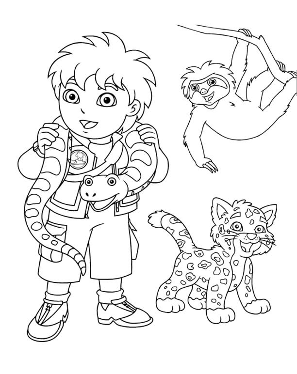 Dibujo de Diego y Tres Animales para Colorear