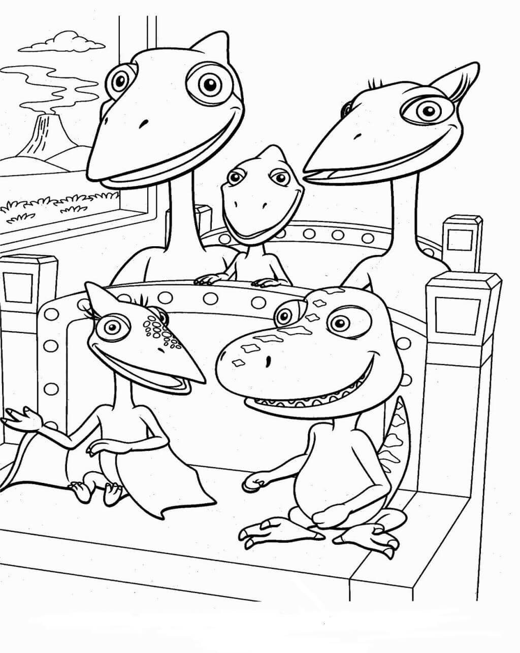 Dibujo de Familia Dinosaurio Tren Sentado para Colorear