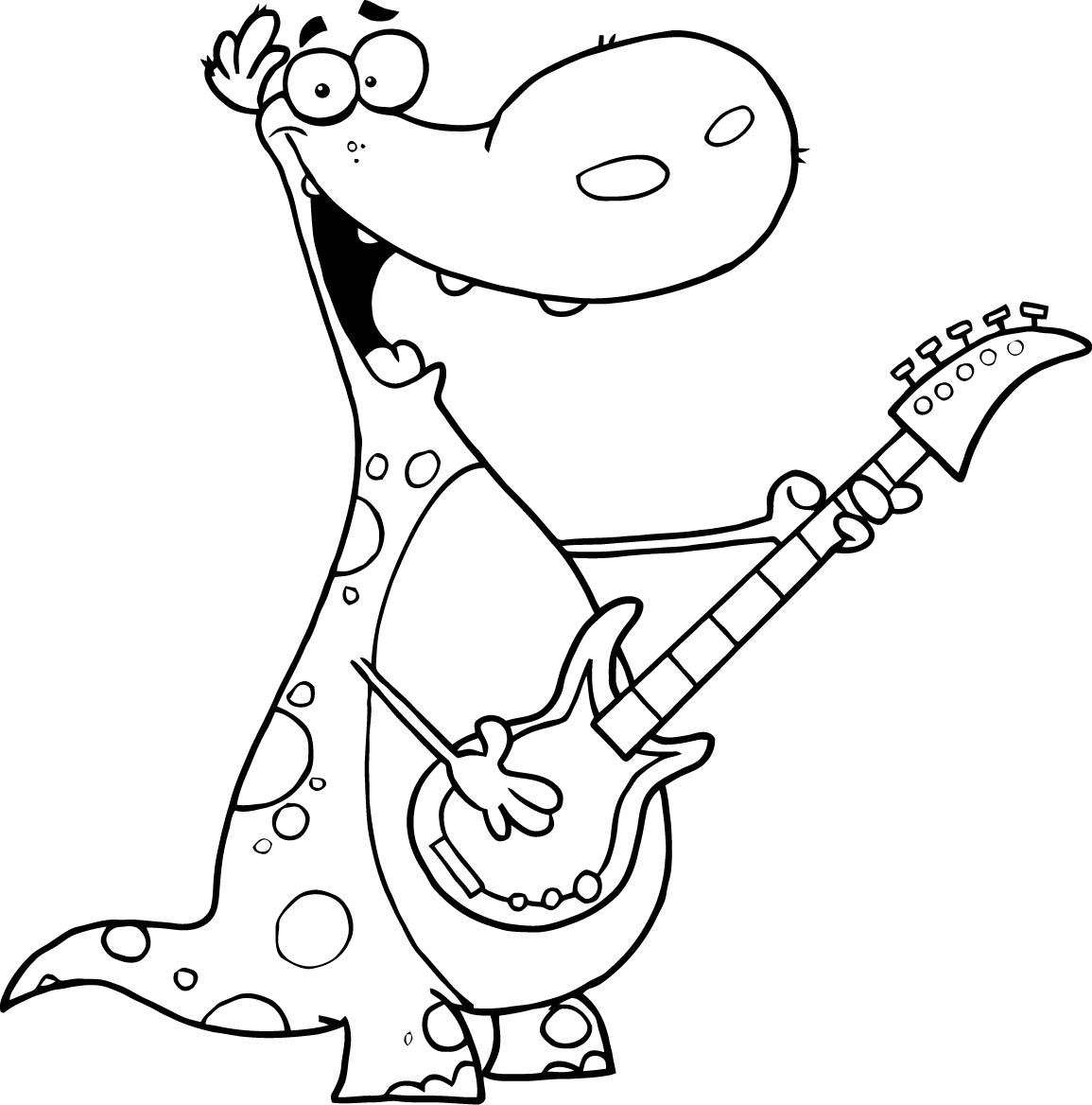 Dibujo de Dinosaurio con Guitarra para Colorear